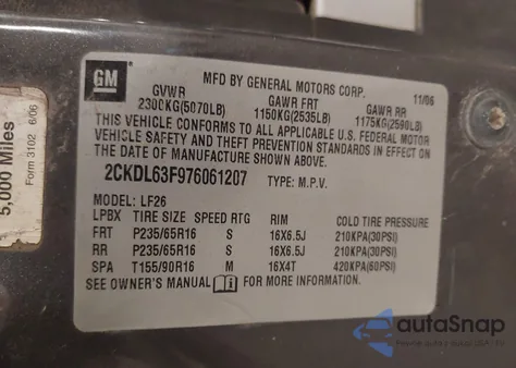 2007 Pontiac Torrent из США, поврежденный, VIN 2CKDL63F976061207